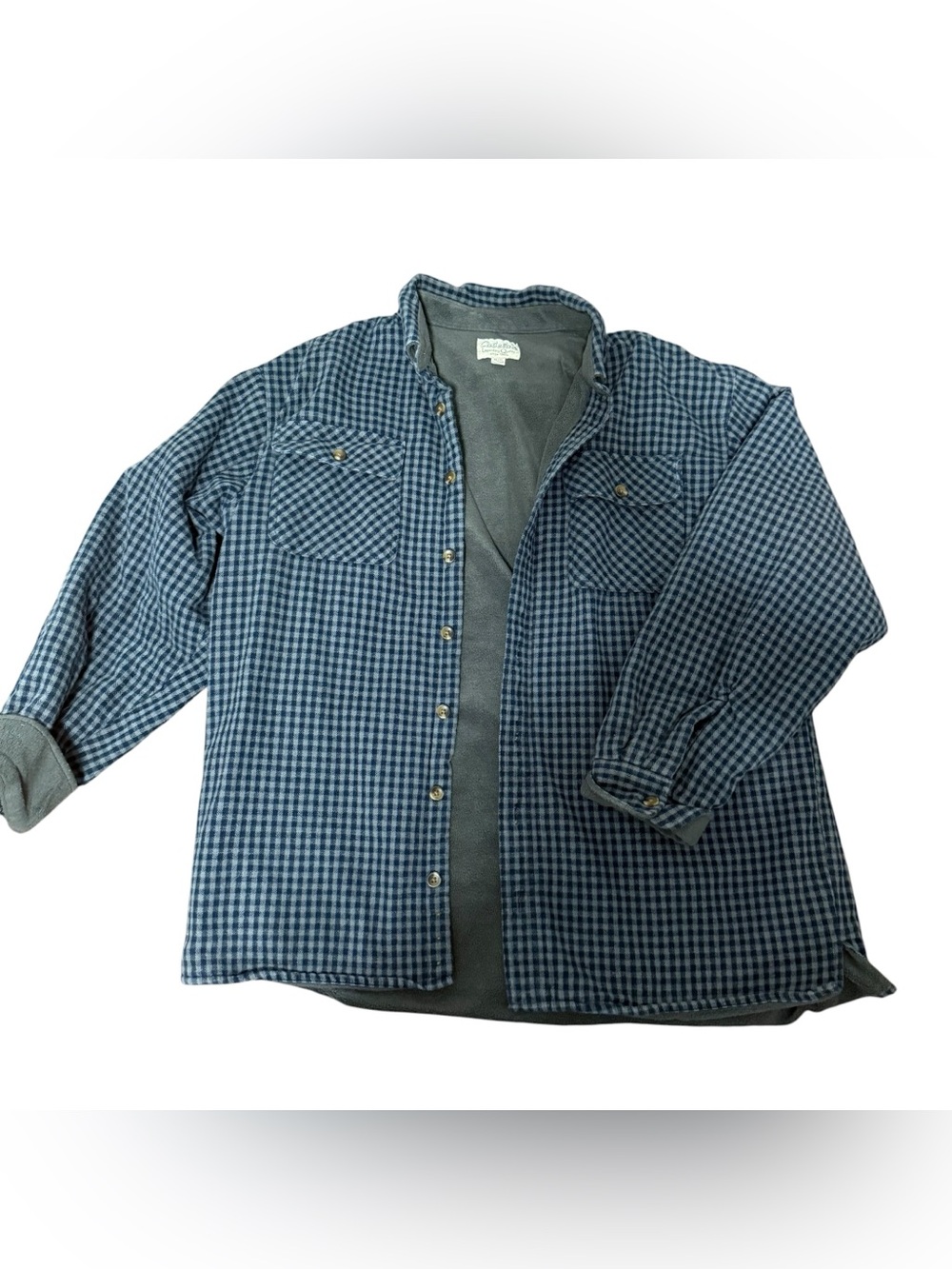 Cabelas Mens XL T Fleece Lined Flannel Shirt Jacket Blue Gingham Plaid Shacket